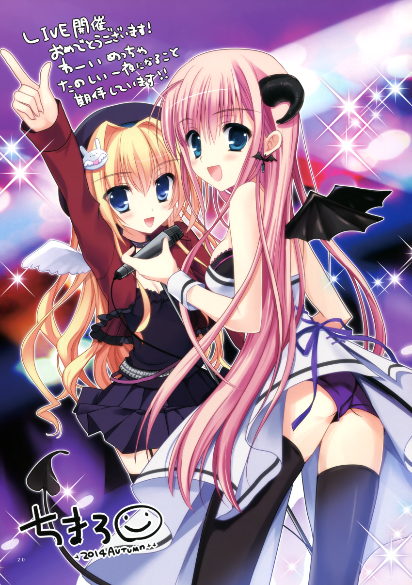 2girls :d absurdres angel_wings arm_up ass black_legwear blonde_hair blue_eyes breasts chimaro cleavage demon_horns demon_tail demon_wings hair_intakes hat highres horns huge_filesize microphone mini_wings multiple_girls open_mouth pink_hair short_shorts shorts smile tail thigh-highs wings