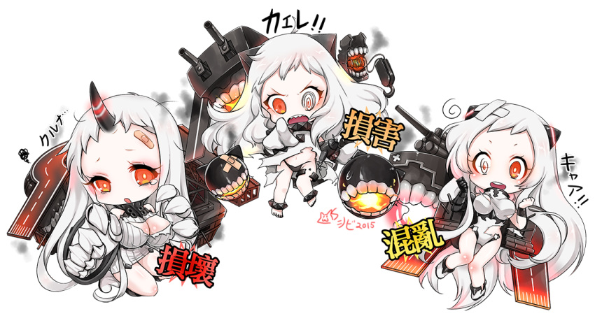 :d ahoge airfield_hime chibi claws cleavage_cutout detached_sleeves horn horns kantai_collection long_hair looking_at_viewer machinery mittens northern_ocean_hime open-chest_sweater open_mouth orange_eyes pale_skin seaport_hime shibi shinkaisei-kan silver_hair smile sweater torn_clothes translation_request