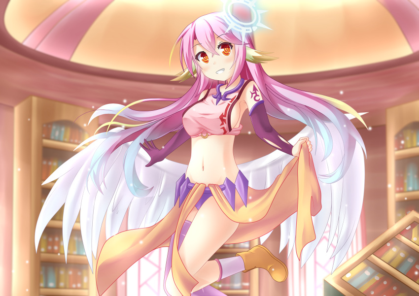 1girl :d absurdres angel_wings blush book bookshelf breasts chrisandita feathered_wings flying gloves gradient_hair highres jibril_(no_game_no_life) library looking_at_viewer mismatched_legwear multicolored_hair no_game_no_life open_mouth orange_eyes pink_hair purple_legwear shiny shiny_skin sideboob smile white_wings wings