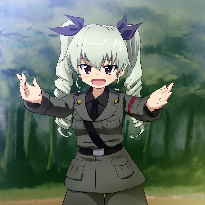 1girl anchovy belt blush chipika dress_shirt drill_hair girls_und_panzer green_hair hair_ribbon highres jacket long_hair military military_uniform necktie open_mouth outdoors pants reaching red_eyes ribbon shirt smile solo standing twin_drills twintails uniform