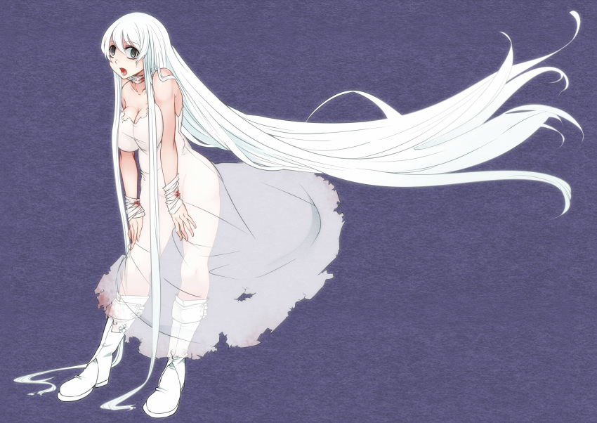 1girl absurdly_long_hair aoshima bandages bare_arms bare_shoulders boots breasts cleavage dress grey_eyes highres kedama large_breasts long_hair no_bra no_panties open_mouth personification see-through self-mutilation silver_hair solo strapless_dress touhou very_long_hair white_dress white_hair