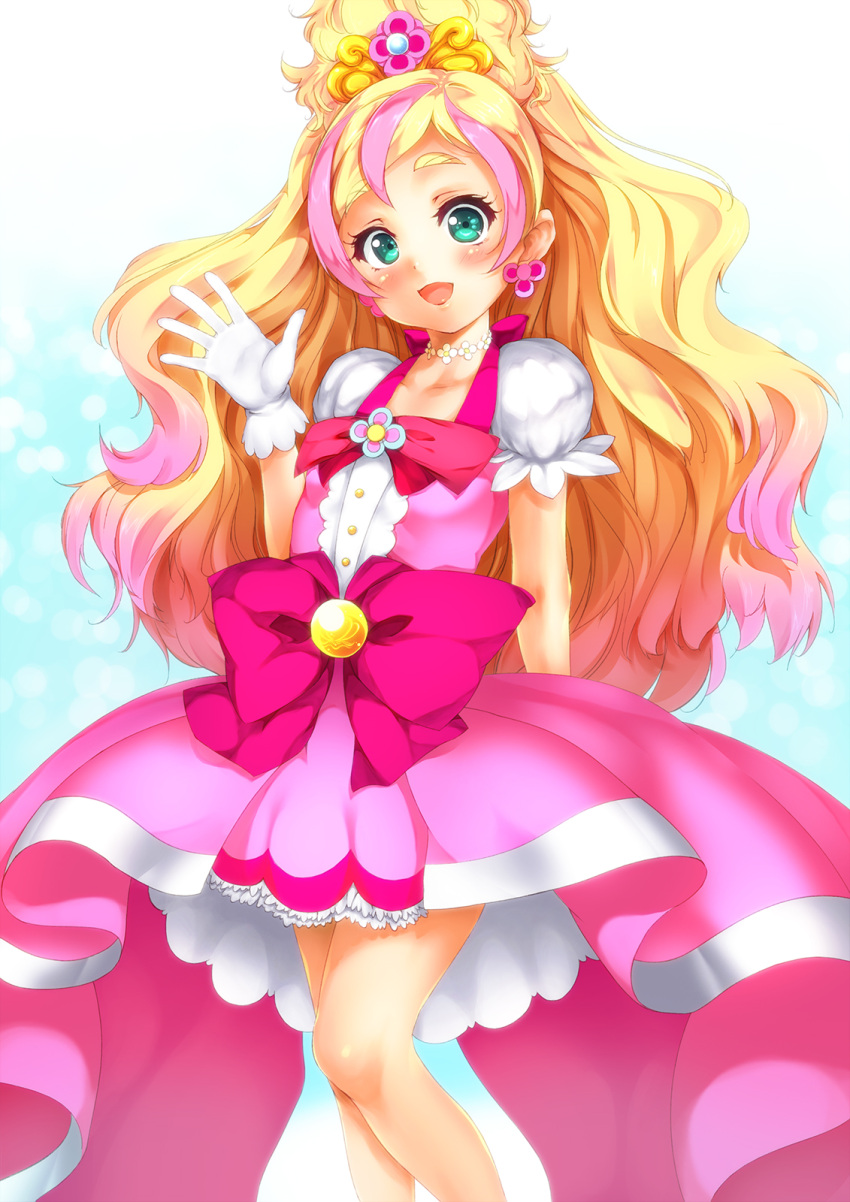 1girl aqua_eyes blonde_hair blue_background blue_eyes blush bow buttons choker cure_flora dress earrings eyelashes flower flower_necklace frilled_skirt frills gloves go!_princess_precure gradient gradient_background gradient_hair hair_ornament half_updo haruno_haruka highres jewelry long_hair magical_girl multicolored_hair necklace open_mouth pink_hair pink_skirt precure puffy_short_sleeves puffy_sleeves ribbon short_sleeves skirt smile solo streaked_hair two-tone_hair waving wavy_hair white_background