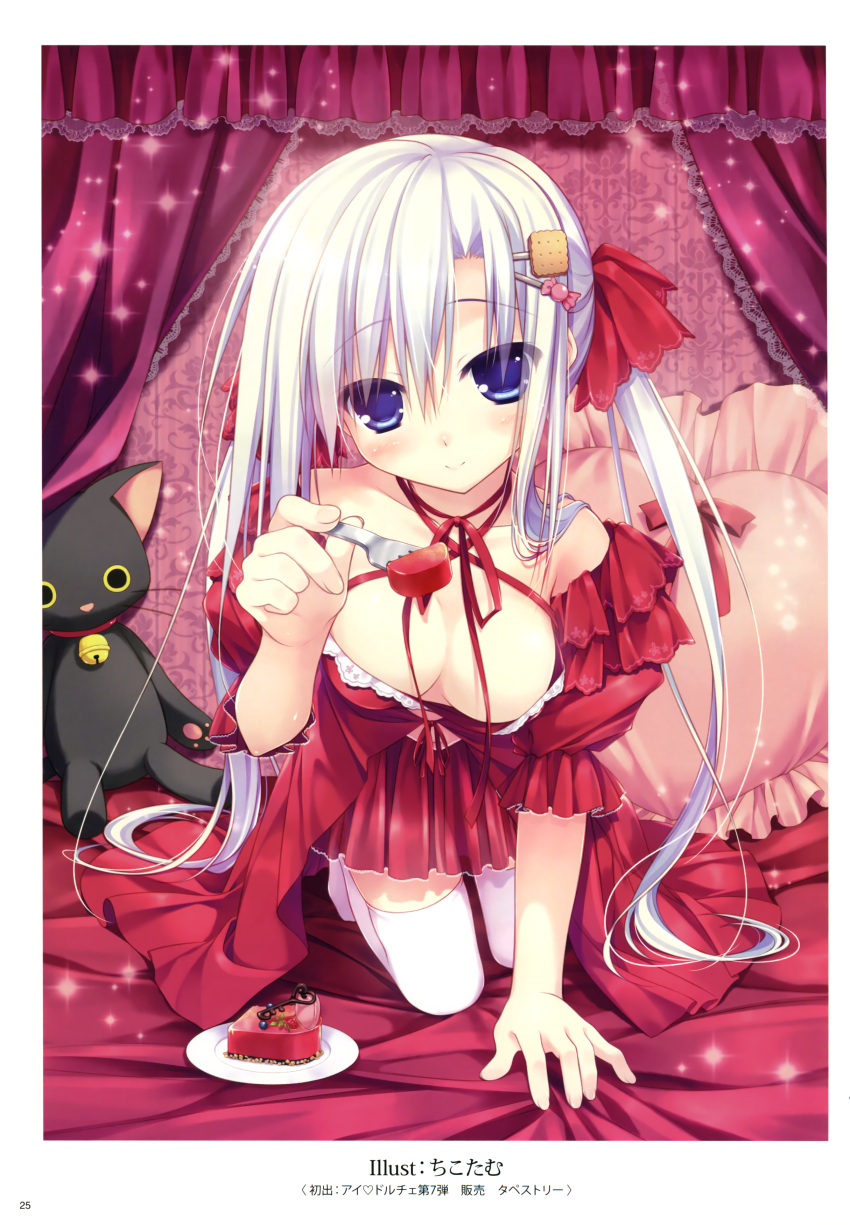 1girl absurdres all_fours bed blue_eyes breasts cake candy_wrapper chikotam cleavage copyright_request downblouse feeding food food_themed_ornament fork grey_hair hair_ornament hairclip highres pillow smile stuffed_animal stuffed_cat stuffed_toy tagme thigh-highs white_legwear