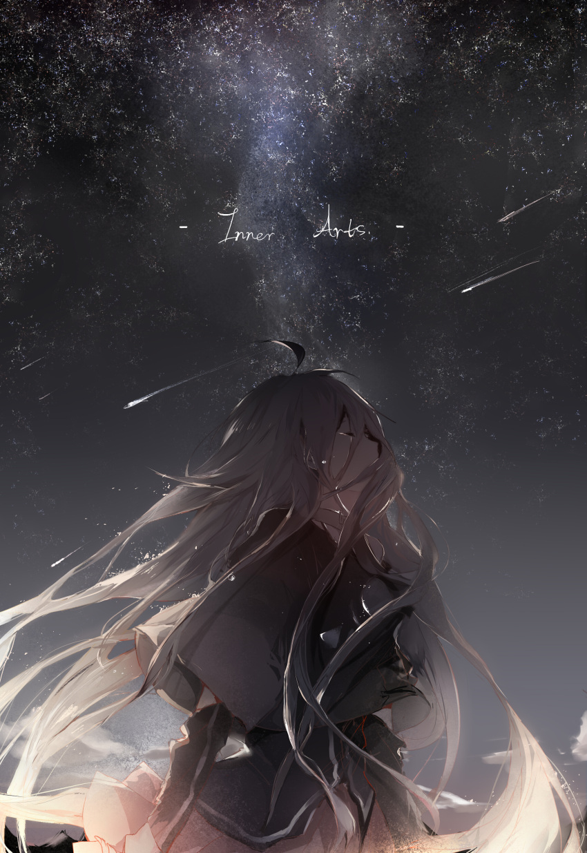 1girl absurdres ahoge backlighting braid choker closed_eyes crying english from_side highres ia_(vocaloid) long_hair night night_sky pink_hair shooting_star skirt sky solo star star_(sky) tears text very_long_hair vocaloid wind yarily