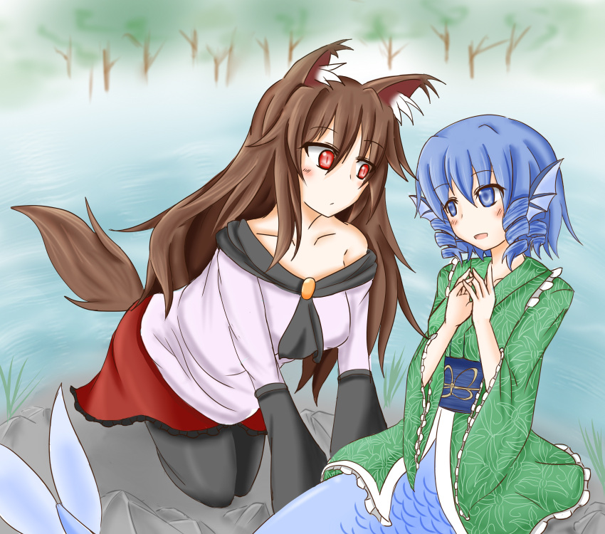 2girls animal_ears bare_shoulders black_legwear blue_eyes blue_hair blush breasts brooch brown_hair collarbone dress drill_hair head_fins highres imaizumi_kagerou japanese_clothes jewelry kimono long_hair long_sleeves looking_at_another mermaid monster_girl multiple_girls obi open_mouth red_eyes sash short_hair tail touhou wakasagihime wolf_ears wolf_tail