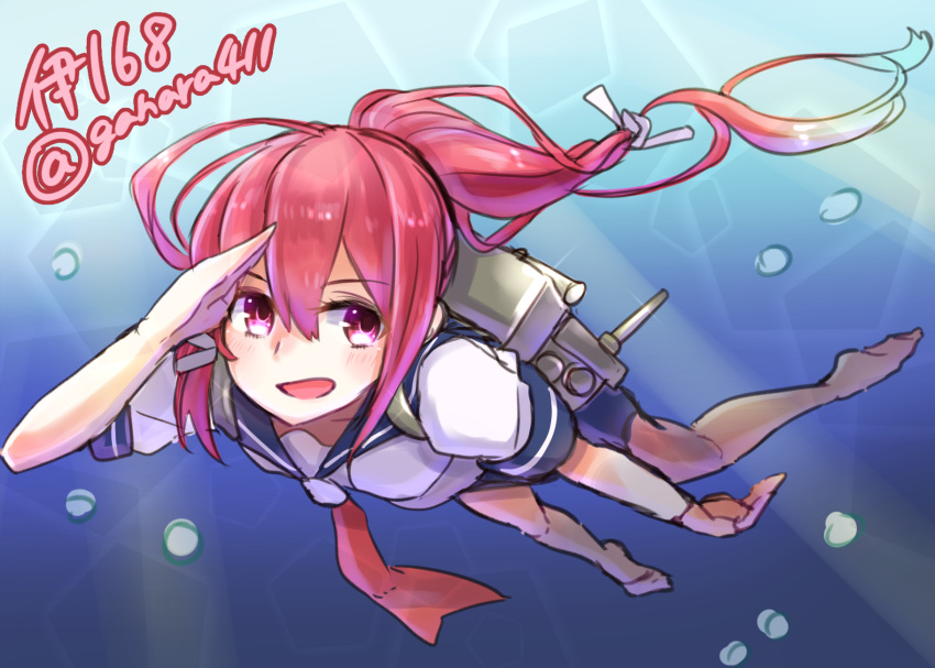 1girl :d bubble character_name diving highres i-168_(kantai_collection) kantai_collection long_hair necktie open_mouth pink_eyes ponytail redhead salute school_uniform serafuku smile toshi_gahara twitter_username underwater