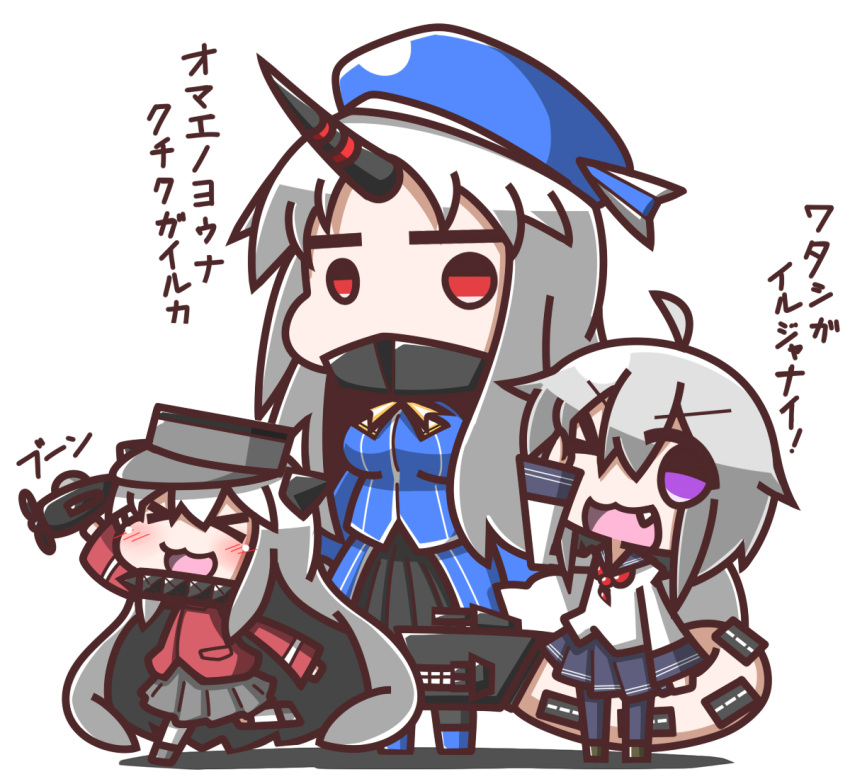 &gt;_&lt; &gt;_o 3girls :3 :d ;d ahoge alternate_costume atago_(kantai_collection) atago_(kantai_collection)_(cosplay) chibi comic cosplay covered_mouth feiton hat horn horns ikazuchi_(kantai_collection) ikazuchi_(kantai_collection)_(cosplay) japanese_clothes kantai_collection kariginu long_hair mittens multiple_girls northern_ocean_hime one_eye_closed open_mouth pale_skin pleated_skirt re-class_battleship red_eyes ryuujou_(kantai_collection) ryuujou_(kantai_collection)_(cosplay) school_uniform seaport_hime serafuku shinkaisei-kan short_hair silver_hair skirt smile tail translation_request violet_eyes visor_cap x3 xd