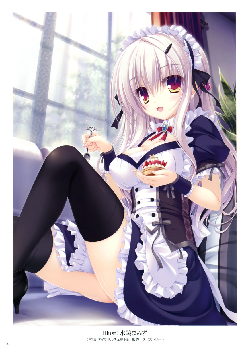 1girl :d absurdres black_legwear breasts brown_eyes cake cleavage cleavage_cutout curtains food fork grey_hair hairband highres knee_up lolita_hairband mikagami_mamizu open_mouth sitting smile window wristband