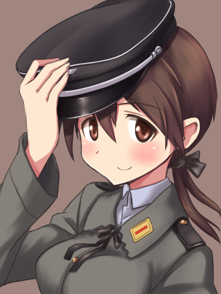 1girl a9b_(louis814) blush brown_background brown_eyes brown_hair gertrud_barkhorn hat highres long_hair military military_uniform peaked_cap simple_background smile solo strike_witches twintails uniform