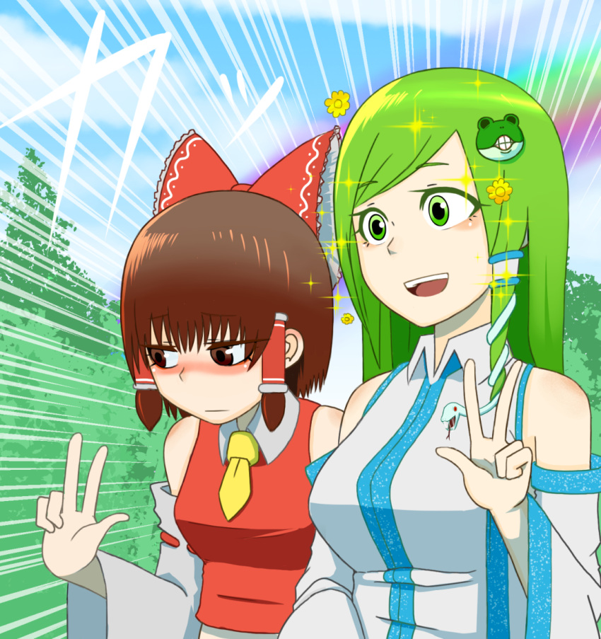 2girls :d ascot bare_shoulders blush bow brown_eyes brown_hair collared_shirt detached_sleeves embarrassed emphasis_lines flower frog_hair_ornament green_eyes green_hair hair_bow hair_flower hair_ornament hair_ribbon hair_tubes hakurei_reimu kochiya_sanae large_bow long_hair looking_away multiple_girls nose_blush okahi open_mouth rainbow ribbon short_hair smile snake_hair_ornament sparkle touhou v vest w wide_sleeves