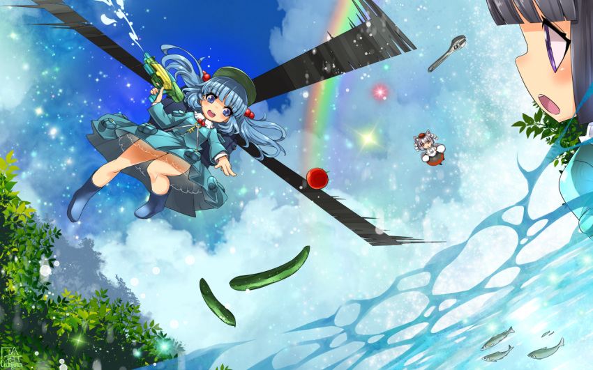 3girls animal_ears black_hair blue_eyes blue_hair blue_sky bow clouds commentary_request cucumber fish flying hair_bow hat hat_ribbon helicopter inubashiri_momiji kawashiro_nitori long_sleeves multiple_girls open_mouth pom_pom_(clothes) rainbow ribbon shirt silver_hair skirt skirt_set sky smile tokin_hat touhou twintails umigarasu_(kitsune1963) upskirt violet_eyes water water_gun wide_sleeves wolf_ears wrench