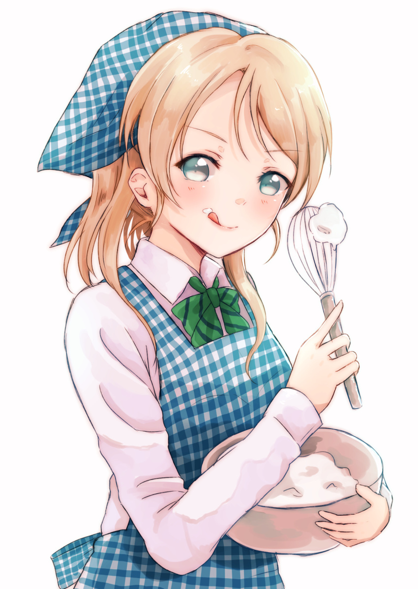1girl ayase_eli blonde_hair blue_eyes bowl highres licking_lips lilylion26 looking_at_viewer love_live!_school_idol_project simple_background solo tagme white_background