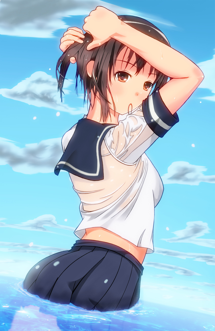 1girl adjusting_hair bamirion black_hair blue_skirt blue_sky breasts brown_eyes bust clouds cloudy_sky dripping from_side fubuki_(kantai_collection) highres kantai_collection looking_at_viewer looking_to_the_side midriff mouth_hold no_bra pleated_skirt school_uniform see-through serafuku shirt short_hair short_sleeves skirt sky solo tying_hair wading water water_drop wet wet_clothes wet_shirt white_shirt