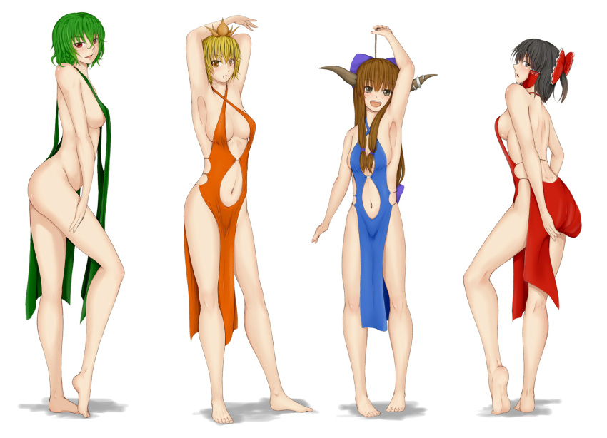 4girls armpits arms_up ass back_cutout bare_legs barefoot black_eyes black_hair blonde_hair blue_dress blush bow breasts brown_eyes brown_hair china_dress chinese_clothes cookin dress dress_lift flower flower_on_head from_behind from_side green_dress green_hair hair_bow hair_tubes hakurei_reimu highres horns ibuki_suika kazami_yuuka long_legs looking_at_viewer multiple_girls navel navel_cutout open_mouth orange_dress parted_lips pose red_dress red_eyes sideboob smile thighs toramaru_shou touhou yellow_eyes