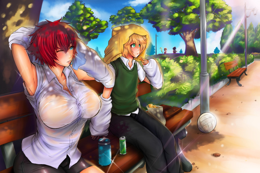 1boy 3girls absurdres background blonde_hair blue_eyes can clouds cloudy_sky denizen_tomo dripping green_eyes highres multiple_girls original redhead sky sweat sweater_vest sweating sweating_profusely tree volleyball wet wet_clothes wiping_sweat