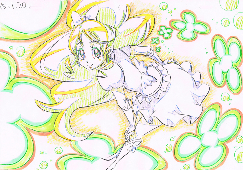 1girl arm_warmers bent_over boots bow closed_mouth clover cure_honey earrings hair_ornament happinesscharge_precure! highres jewelry knee_boots long_hair long_ponytail looking_at_viewer magical_girl oomori_yuuko partially_colored ponytail precure puffy_short_sleeves puffy_sleeves ribbon short_sleeves sketch skirt smile solo traditional_media wavy_hair wrist_cuffs
