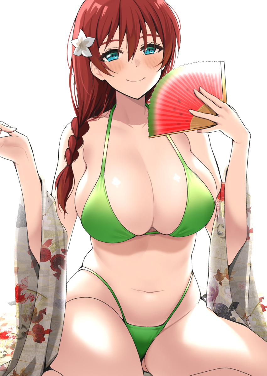 1girl absurdres bikini blue_eyes blush braid breasts closed_mouth commentary_request emma_verde flower green_bikini hair_between_eyes hair_flower hair_ornament hand_fan highleg highleg_bikini highleg_swimsuit highres holding holding_fan kitaku_jikan_(ktk_jkn) large_breasts long_hair looking_at_viewer love_live! love_live!_nijigasaki_high_school_idol_club navel redhead simple_background single_braid smile solo swimsuit white_background