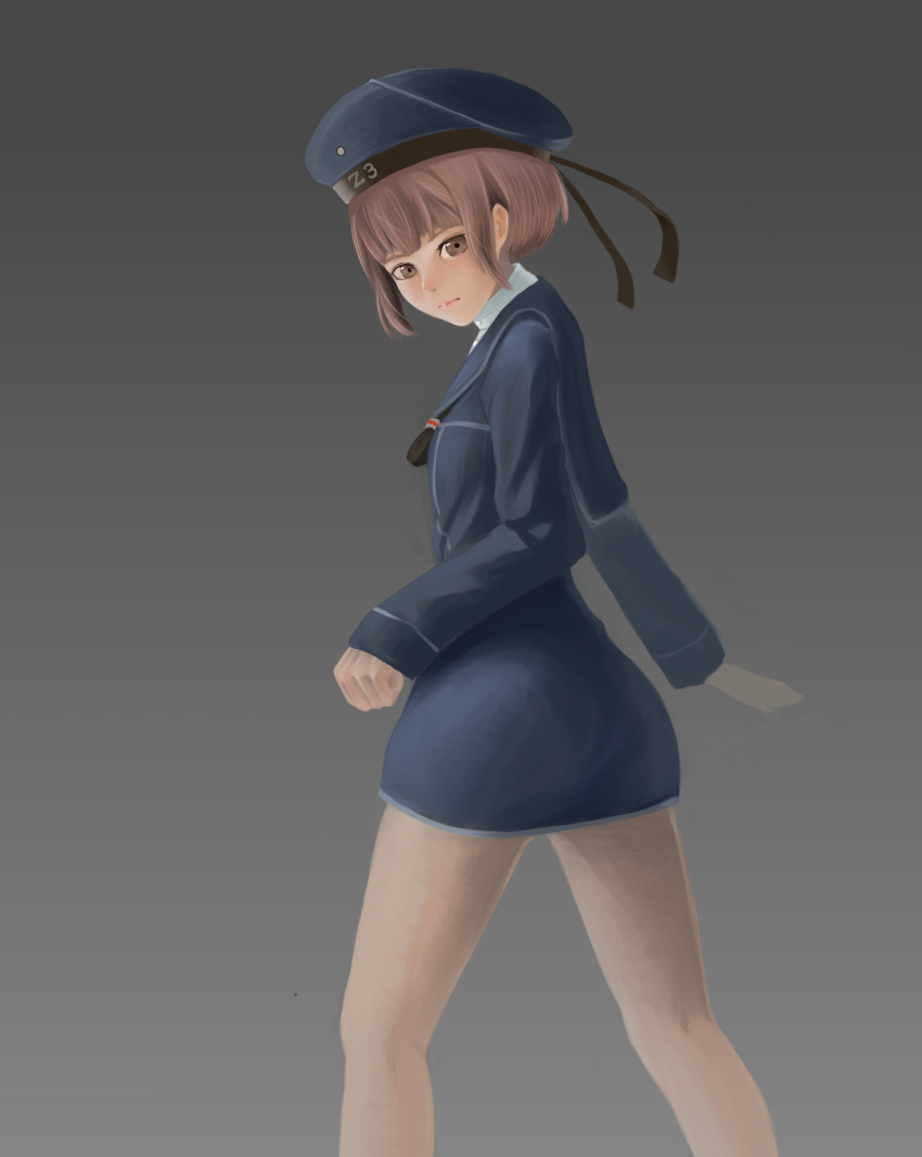 1girl absurdres brown_eyes brown_hair clenched_hand cowboy_shot expressionless gradient gradient_background grey_background harinedzumi hat highres kantai_collection kneepits lips long_sleeves looking_at_viewer looking_to_the_side neckerchief no_pants nose sailor_collar sailor_hat short_hair sleeves_past_wrists smile solo walking z3_max_schultz_(kantai_collection)