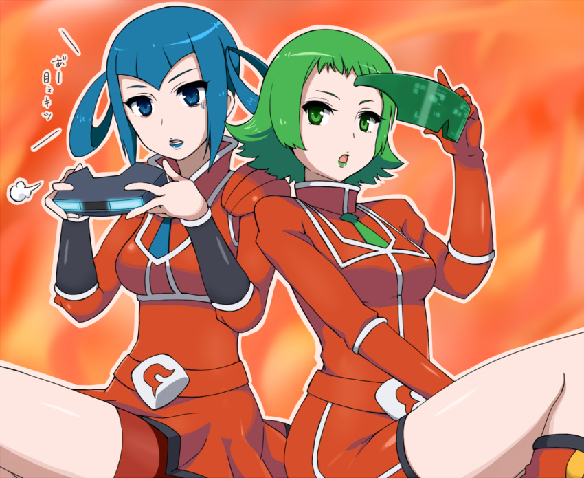 2girls bara_(pokemon) belt belt_buckle bike_shorts blue_eyes blue_hair blue_lipstick boots cerasus flipped_hair glasses glasses_removed gloves green_eyes green_hair green_lipstick hair_rings head_mounted_display lipstick makeup momiji_(pokemon) multiple_girls necktie orange_background pokemon pokemon_(game) pokemon_xy red_gloves team_flare uniform vambraces