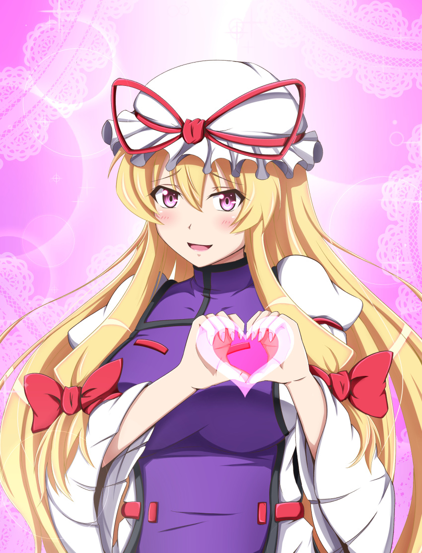 1girl absurdres armband blonde_hair blush bow breasts bust dress fingernails hair_bow hat hat_ribbon heart highres kyoukyan large_breasts long_hair long_sleeves looking_at_viewer mob_cap moe_moe_kyun! open_mouth patterned_background pink_background ribbon smile solo sparkle tabard tongue touhou violet_eyes white_dress wide_sleeves yakumo_yukari