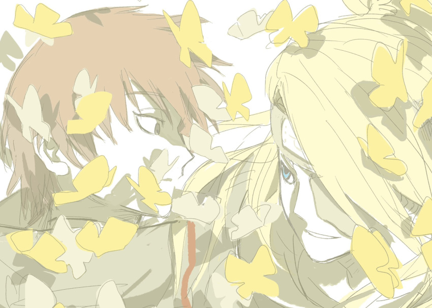2boys akatsuki_uniform asymmetrical_bangs blue_eyes deidara_(naruto) eyepatch flower forehead_protector grey_eyes grin hair_over_one_eye high_ponytail highres long_hair looking_at_another male_focus multiple_boys naruto_(series) naruto_shippuuden ntcke open_mouth ponytail red_hair robe sasori_(naruto) short_hair simple_background sketch smile surprised white_background yellow_flower