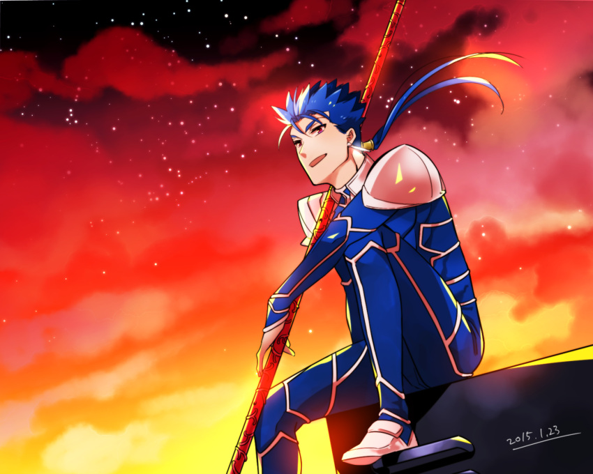 1boy blue_hair dated earrings fate/stay_night fate_(series) gae_bolg highres jewelry lancer oekaki-daisuki-dessu polearm ponytail red_eyes short_hair sitting sky spear weapon