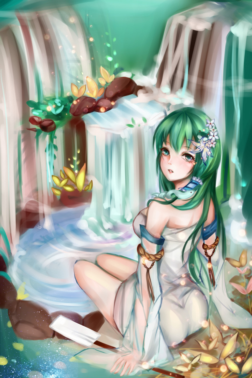 1girl adapted_costume ass bare_shoulders breasts detached_sleeves dress flower frog_hair_ornament green_eyes green_hair hair_flower hair_ornament hair_tubes highres himeki kochiya_sanae looking_at_viewer looking_back nature oonusa parted_lips plant rock rope see-through shimenawa snake_hair_ornament solo teeth thighs touhou water waterfall white_dress