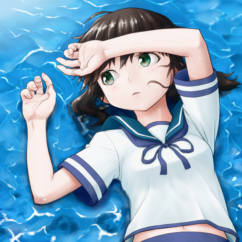 1girl arm_on_head black_hair blouse bust crop_top crop_top_overhang fubuki_(kantai_collection) green_eyes highres kantai_collection kyuutai lying navel neckerchief on_back sailor_collar school_uniform serafuku short_hair short_ponytail solo