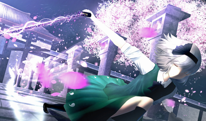 1girl absurdres architecture backlighting black_legwear blurry bow cacao_devil cherry_blossoms closed_eyes commentary_request depth_of_field east_asian_architecture energy green_skirt green_vest hairband hakugyokurou highres kneehighs konpaku_youmu konpaku_youmu_(ghost) petals short_sleeves silver_hair skirt solo stone_lantern sword tagme touhou weapon wind