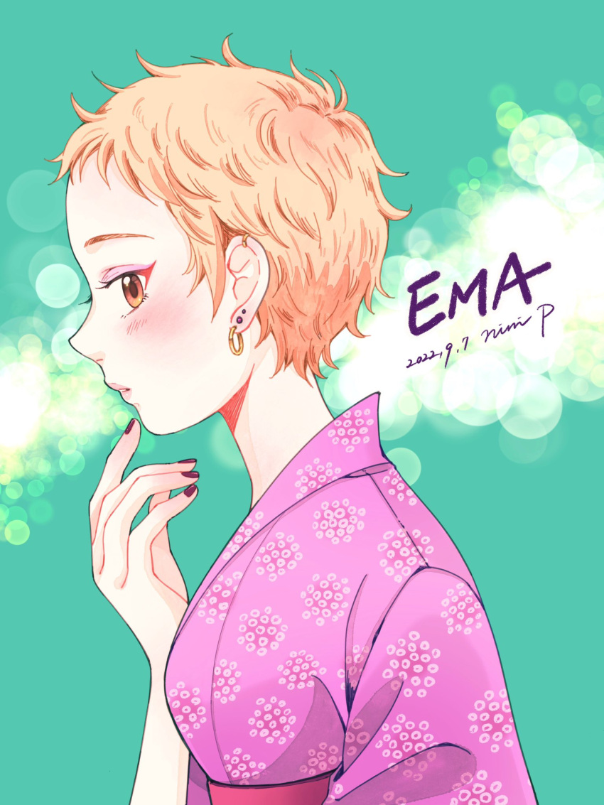 1girl aqua_background blonde_hair blush character_name commentary_request dated ear_piercing earrings eyelashes eyeshadow fingernails from_side highres idolmaster idolmaster_cinderella_girls jewelry lips makeup nail_polish ninip_20220222 orange_eyes piercing pixie_cut red_nails senzaki_ema short_hair signature solo very_short_hair