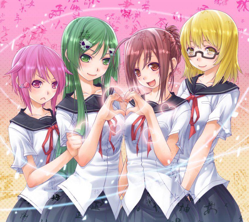 45_(diagonal45angle) 4girls :&lt; ahoge blonde_hair brown_eyes brown_hair glasses green_eyes green_hair hair_ornament hairclip heart heart_hands heart_hands_duo kobayashi_matcha lips long_hair masaoka_azuki multiple_girls ono_koume pink_eyes pink_hair school_uniform serafuku skull_hair_ornament smile uta_kumi_575 yellow_eyes yosano_yuzu