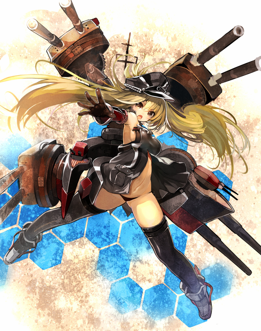 &gt;:o 1girl :o adapted_costume alternate_eye_color bare_shoulders bismarck_(kantai_collection) black_panties blonde_hair breasts brown_eyes brown_gloves detached_sleeves gloves grey_legwear hat highres honeycomb_background kantai_collection long_hair long_sleeves machinery military military_uniform navel no_bra outstretched_arm panties peaked_cap sideboob solo thigh-highs thyma turret underwear uniform very_long_hair