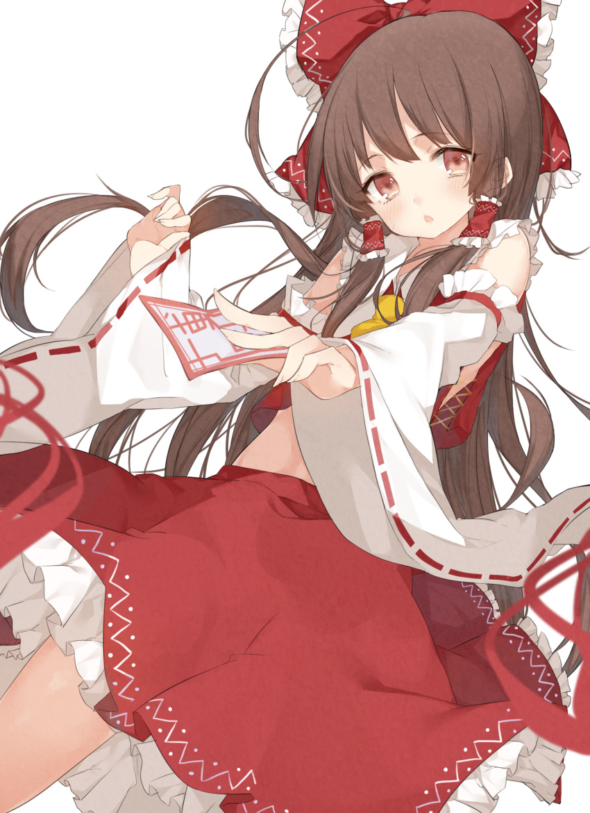 1girl :o ascot bare_shoulders blush bow brown_hair collarbone cowboy_shot detached_sleeves dress hair_bow hair_ornament hair_tubes hakurei_reimu hand_up highres kayahara_(artist) long_hair looking_at_viewer ofuda open_mouth red_dress red_eyes ribbon ribbon-trimmed_sleeves ribbon_trim skirt skirt_set solo touhou