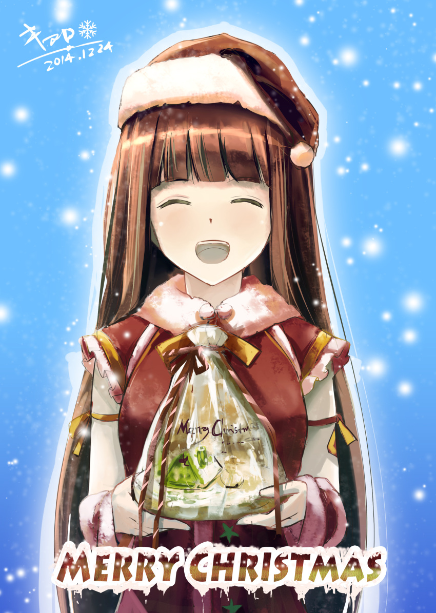 1girl absurdres brown_hair closed_eyes dated hat highres kyaro_(kyaro54) long_hair merry_christmas open_mouth original santa_hat smile solo