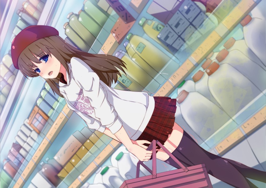 1girl absurdres bangs beret black_legwear blue_eyes blush brown_hair convenience_store dedeyong hat highres holding hoodie indoors long_hair looking_at_viewer moving open_mouth original plaid plaid_skirt pleated_skirt shop shopping_basket skirt sleeves_pushed_up solo thigh-highs zettai_ryouiki