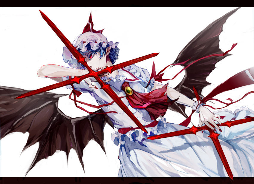 1girl arm_ribbon ascot bat_wings blue_hair cross cuffs dress fingernails frilled_skirt frills handcuffs hat hat_ribbon heart jewelry letterboxed mob_cap nail_polish pointy_ears puffy_sleeves red_eyes red_fingernails remilia_scarlet ribbon ribbon-trimmed_headwear ribbon_trim sharp_fingernails short_sleeves simple_background skirt skirt_set solo touhou ue_toono_(atano) weapon white_background wings