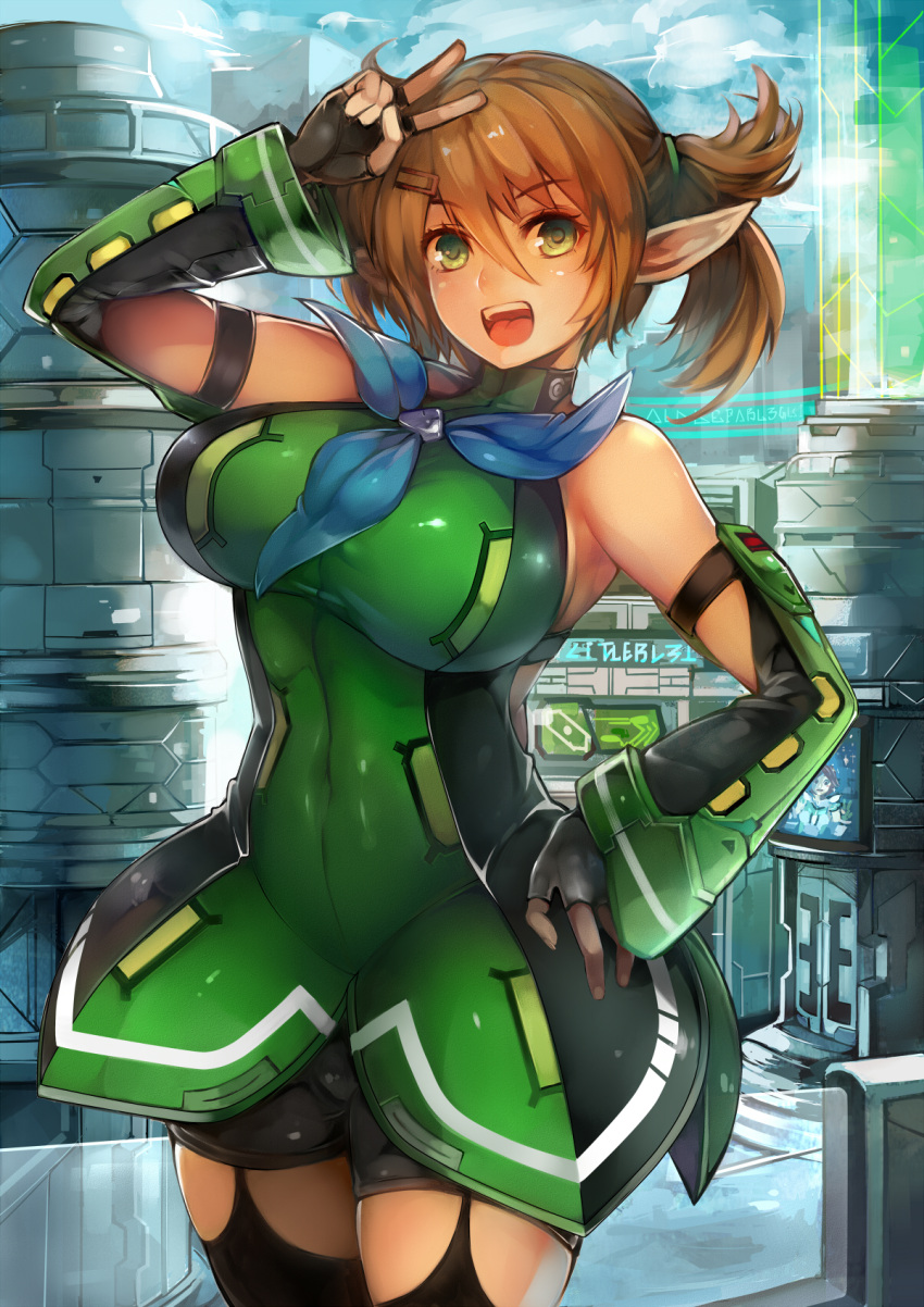 1girl :d black_legwear breasts cowboy_shot elbow_gloves fingerless_gloves gloves green_eyes hair_between_eyes hair_ornament hairclip hand_on_hip highres large_breasts long_pointy_ears luco_san open_mouth patty_(pso2) phantasy_star phantasy_star_online_2 pointy_ears shorts smile solo thigh-highs twintails v