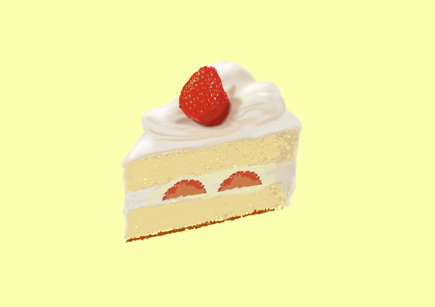 cake food fruit highres no_humans original simple_background slice_of_cake solo sponge_cake strawberry strawberry_shortcake whipped_cream yellow_background