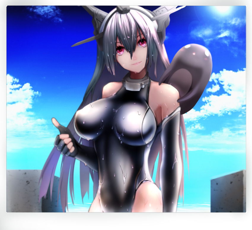 1girl alternate_costume big.g black_gloves elbow_gloves fingerless_gloves gloves grey_hair headgear highres i-class_destroyer kantai_collection long_hair looking_at_viewer nagato_(kantai_collection) photo smile swimsuit thumbs_up violet_eyes wet wet_clothes