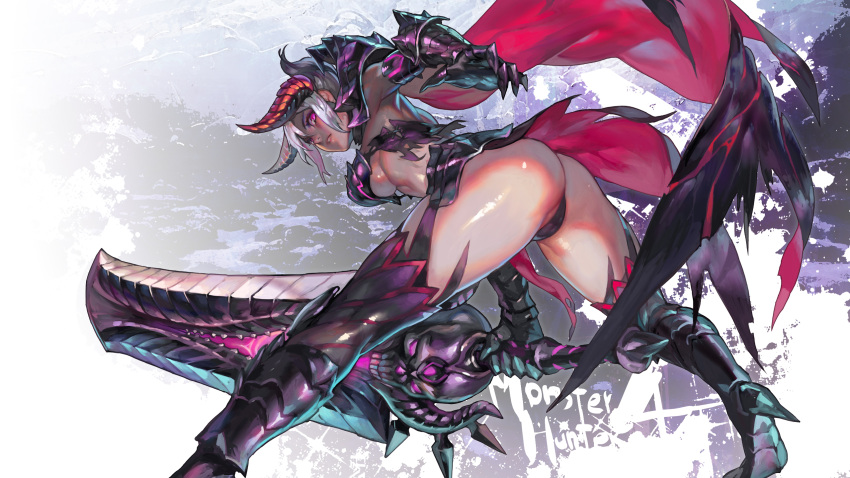 1girl aoin armor ass boots breasts cape gauntlets highres horns huge_weapon large_breasts monster_hunter panties red_eyes silver_hair sword thigh-highs thigh_boots under_boob underwear weapon
