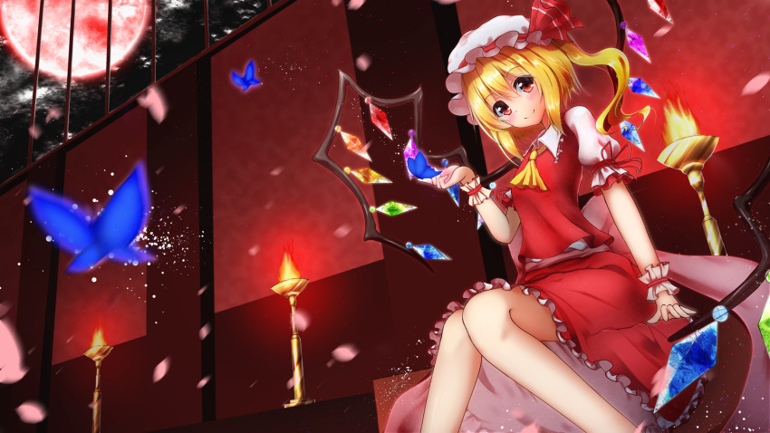 1girl blonde_hair butterfly flandre_scarlet full_moon hat hat_ribbon highres knees_together_feet_apart lamp mob_cap moon night petals puffy_short_sleeves puffy_sleeves red_eyes red_moon ribbon sash shirt short_sleeves side_ponytail sitting skirt skirt_set sky smile solo touhou vest wings wrist_cuffs ymd_(holudoun)