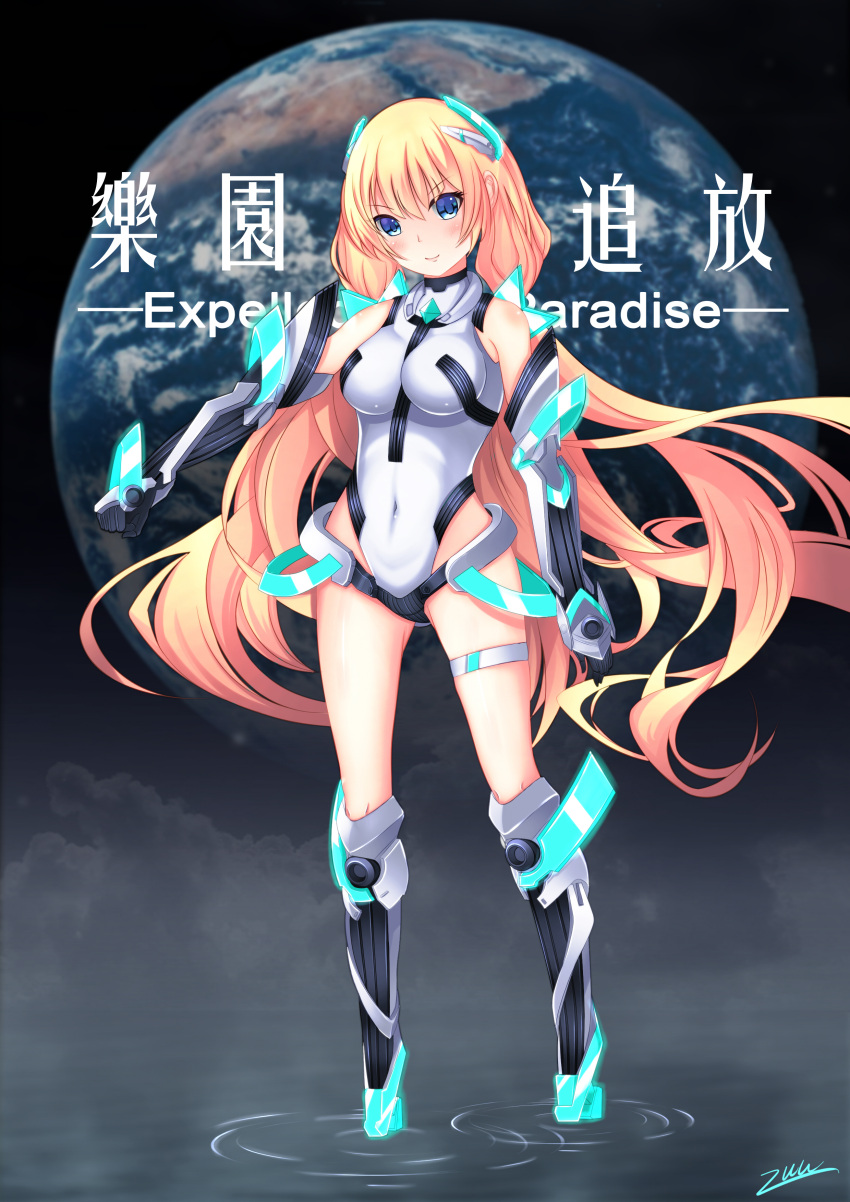 1girl absurdres angela_balzac bare_shoulders blonde_hair blue_eyes breasts covered_navel earth elbow_gloves expelled_from_paradise gloves headgear highres leotard long_hair looking_at_viewer low_twintails smile solo thigh_strap twintails very_long_hair