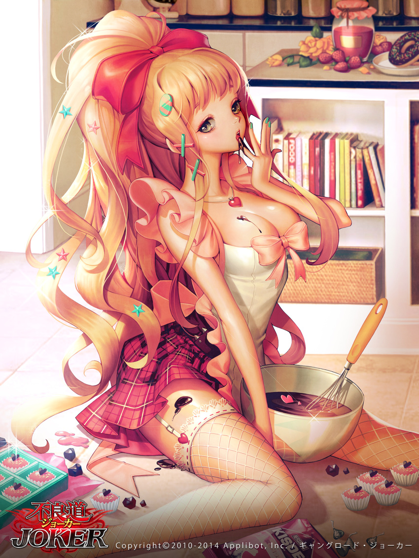 1girl blonde_hair book bookshelf bow bowl breasts chocolate cleavage finger_licking fishnet_legwear fishnets furyou_michi_~gang_road~ garter_straps hair_bow highres jewelry licking long_hair necklace osuk2_(osugi) pony sitting tagme thigh-highs very_long_hair whisk yellow_eyes