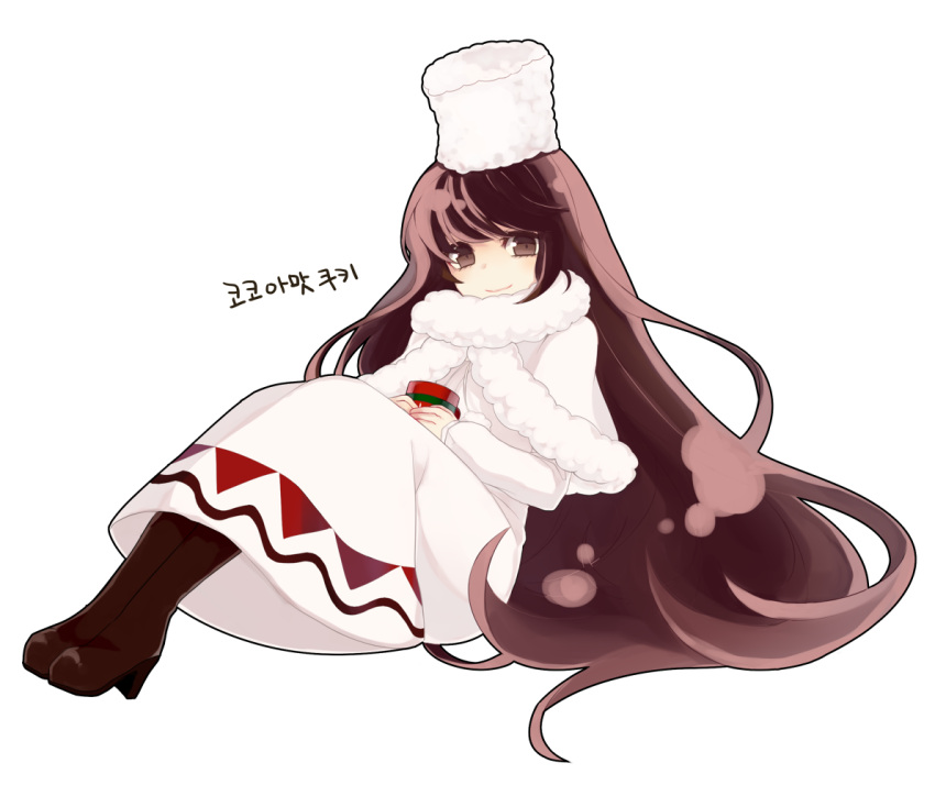 1girl bangs blunt_bangs blush boots brown_boots brown_eyes brown_hair capelet cocoa_cookie cookie_run cup dress full_body hat long_hair looking_at_viewer mug simple_background smile snowflake_print snowflakes solo very_long_hair white_background white_dress