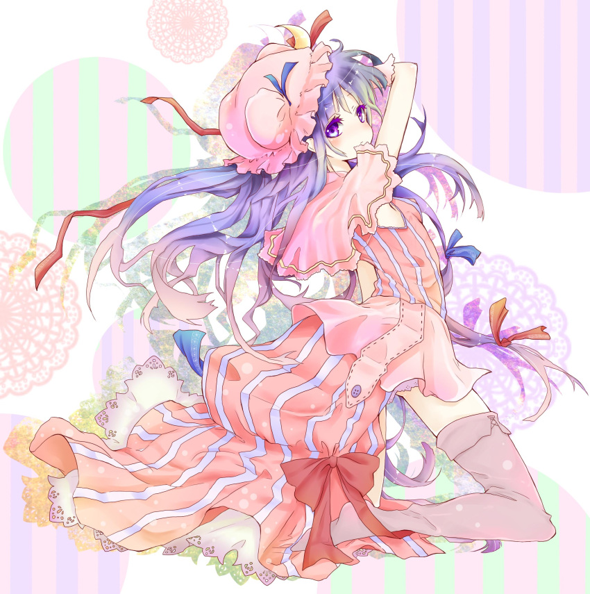 1girl adapted_costume alternate_costume asuka_(meruhen67) barefoot bow capelet crescent dress hair_bow hair_ornament hat hat_bow highres kneeling long_hair looking_at_viewer looking_back mob_cap patchouli_knowledge pink_legwear purple_hair ribbon sleeveless solo striped striped_dress thigh-highs touhou violet_eyes