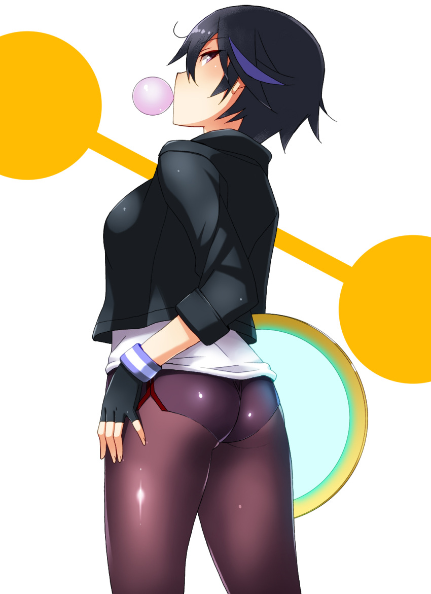1girl ass astroguy2 big_hero_6 black_hair brown_eyes bubble_blowing bubblegum disc fingerless_gloves gloves gogo_tomago highres jacket multicolored_hair pantyhose short_hair solo two-tone_hair