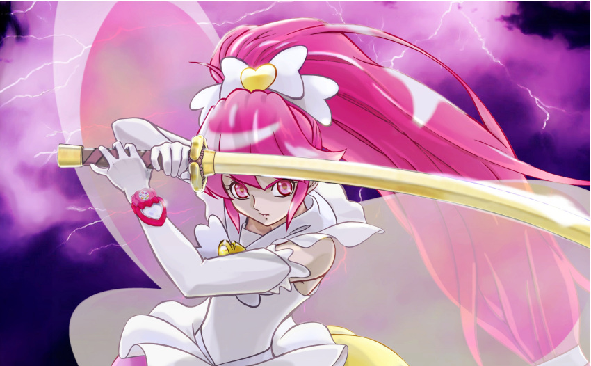 1girl aino_megumi cure_lovely happinesscharge_precure! highres long_hair pink_eyes pink_hair ponytail precure solo sword