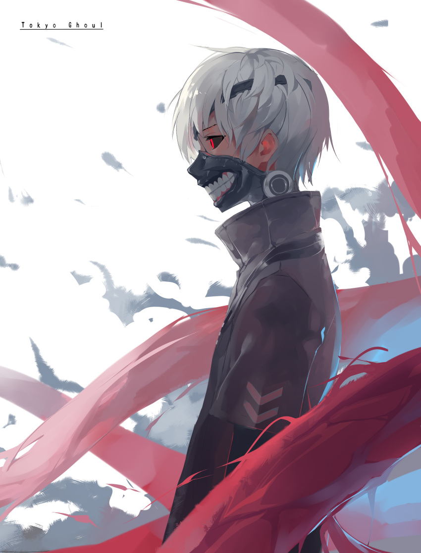 1boy absurdres black_sclera face_mask gensou_kuro_usagi highres kaneki_ken mask red_eyes shirt silver_hair tokyo_ghoul