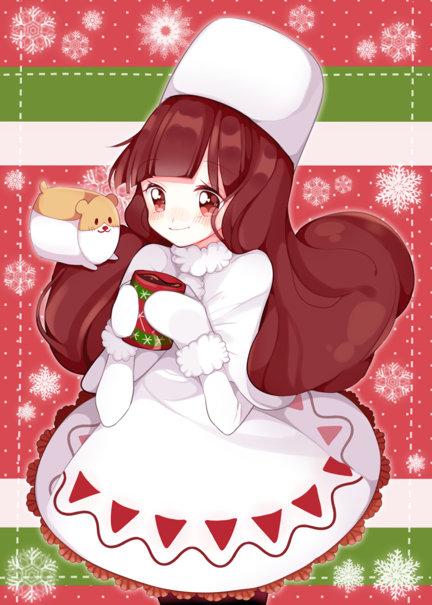 1girl bangs blunt_bangs blush brown_hair capelet cocoa_cookie cookie_run cup dress gloves hamster hat highres long_hair marshmallow marshmallow_hamster mug red_eyes smile snowflake_print snowflakes solo tear_(0614) white_dress white_gloves