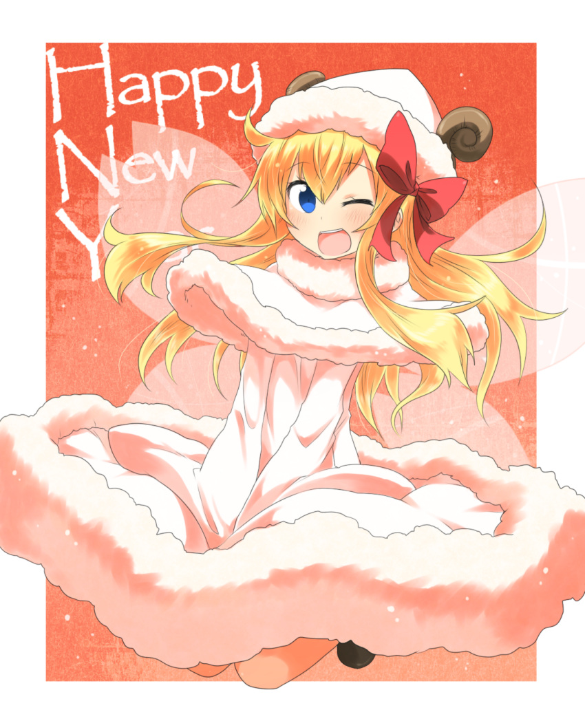 1girl ;d adapted_costume animal_costume blonde_hair blue_eyes blush bow capelet dress dress_tug fairy_wings hair_bow hair_ribbon happy_new_year hat highres horns jumping lily_white long_hair looking_at_viewer new_year nobamo_pieruda one_eye_closed open_mouth ribbon sheep_costume sheep_horns smile solo touhou v_arms wings wool_dress